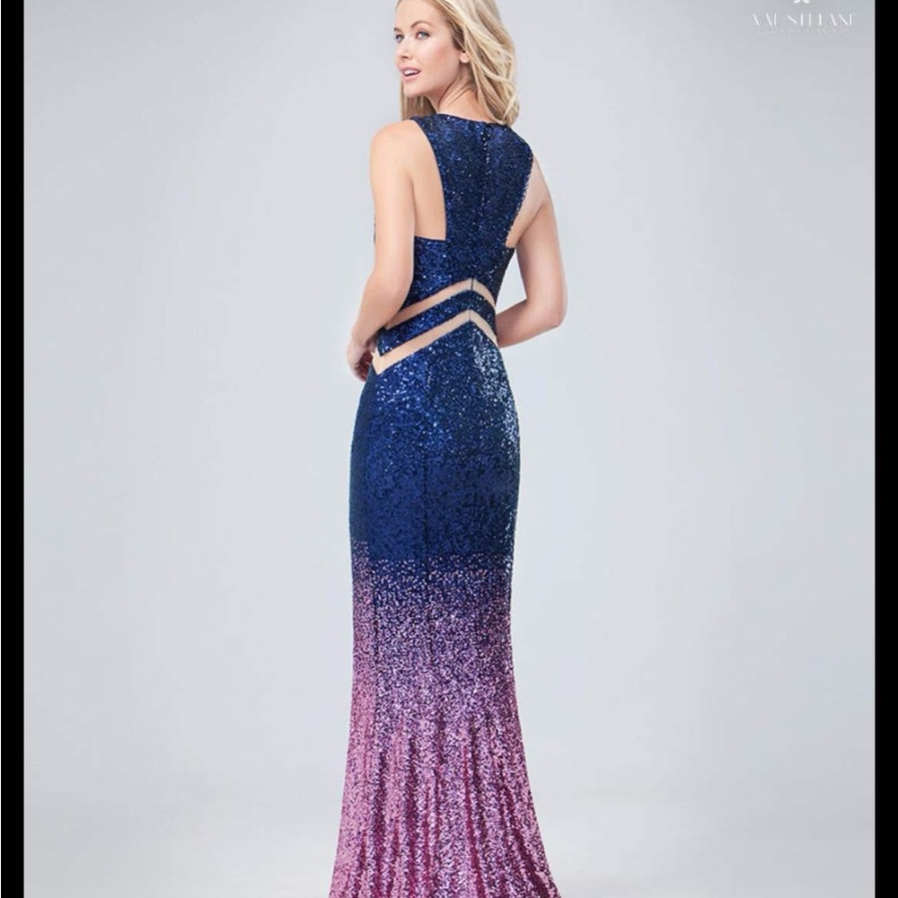 Val Stefani Elegant Navy and Pink Ombré Sequin Prom Dress